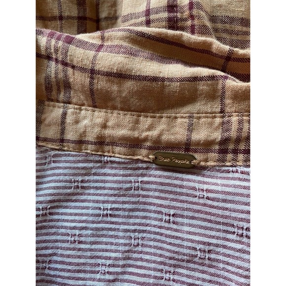 Free People 100% Linen No Limits Peach Plaid Button Down Shirt oversized Small - Picture 8 of 12